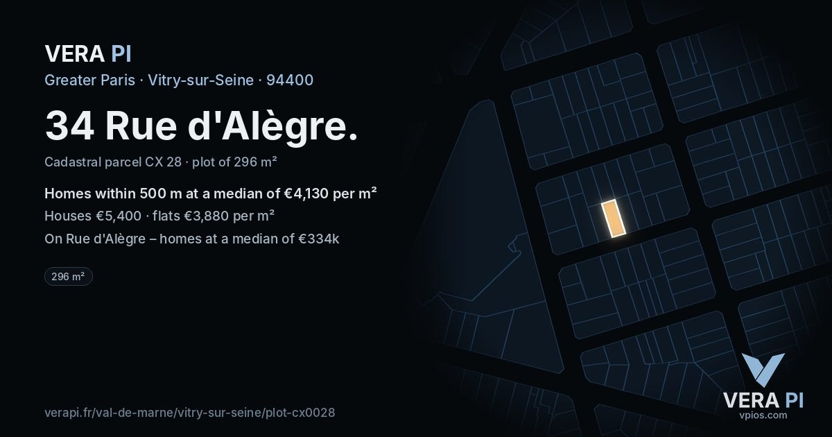 34 Rue d'Alègre, Vitry-sur-Seine at night – the plot lit, the parcels around coloured by the prices near them