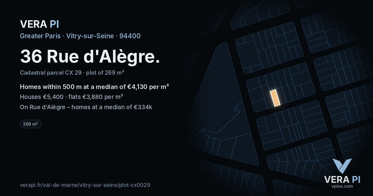 36 Rue d'Alègre, Vitry-sur-Seine at night – the plot lit, the parcels around coloured by the prices near them