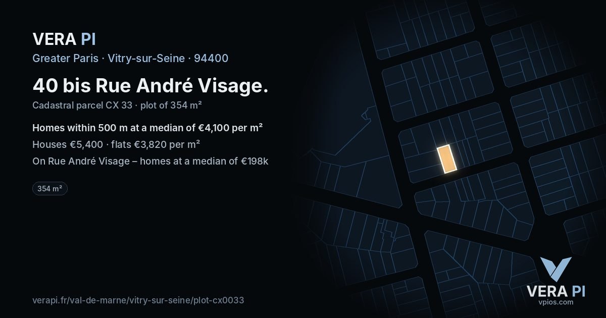 40 bis Rue André Visage, Vitry-sur-Seine at night – the plot lit, the parcels around coloured by the prices near them