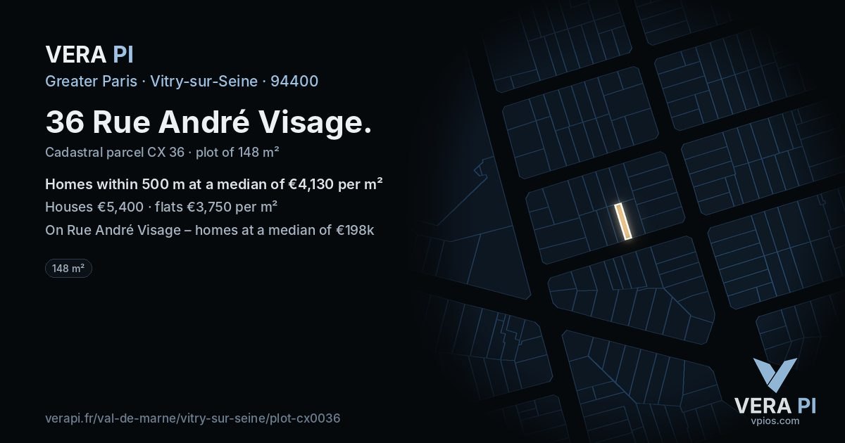 36 Rue André Visage, Vitry-sur-Seine at night – the plot lit, the parcels around coloured by the prices near them