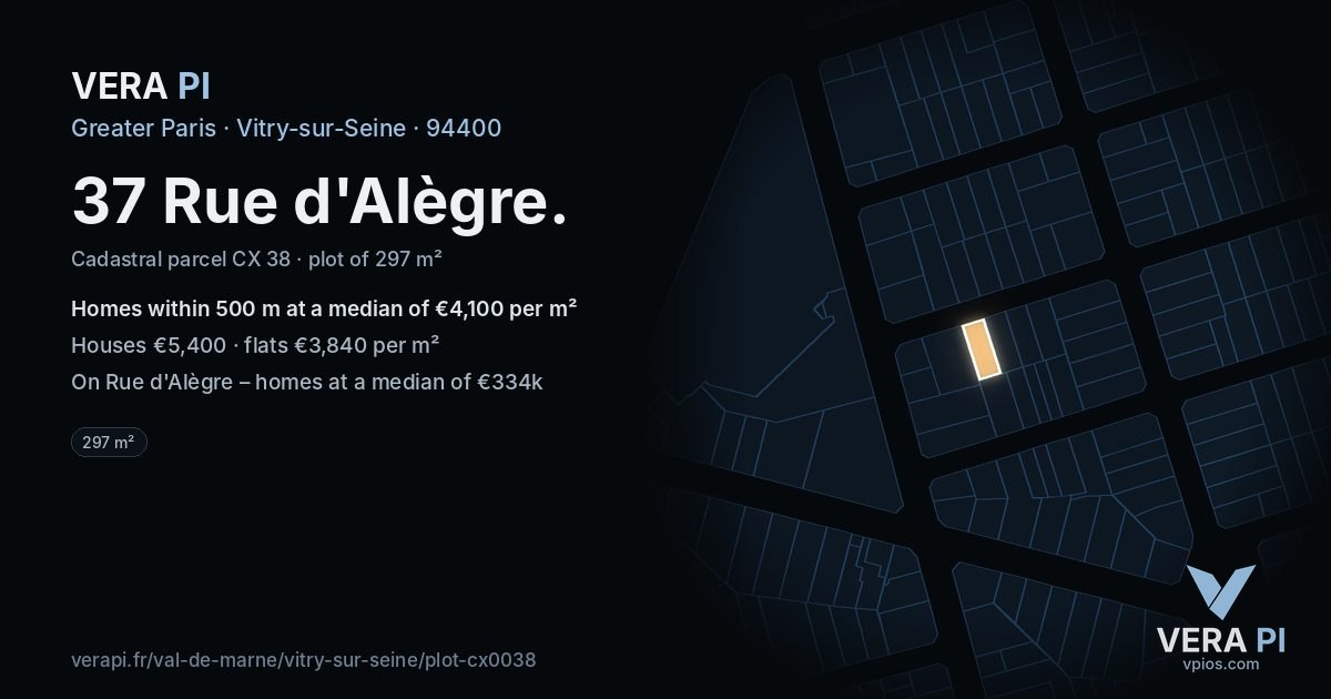 37 Rue d'Alègre, Vitry-sur-Seine at night – the plot lit, the parcels around coloured by the prices near them