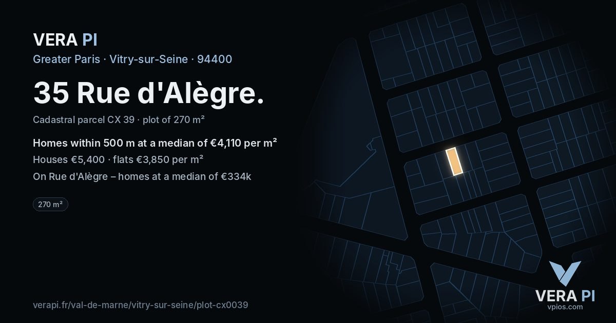 35 Rue d'Alègre, Vitry-sur-Seine at night – the plot lit, the parcels around coloured by the prices near them