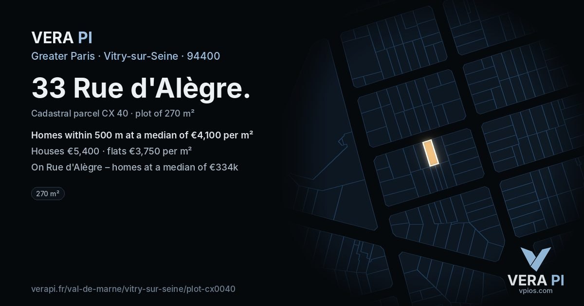 33 Rue d'Alègre, Vitry-sur-Seine at night – the plot lit, the parcels around coloured by the prices near them