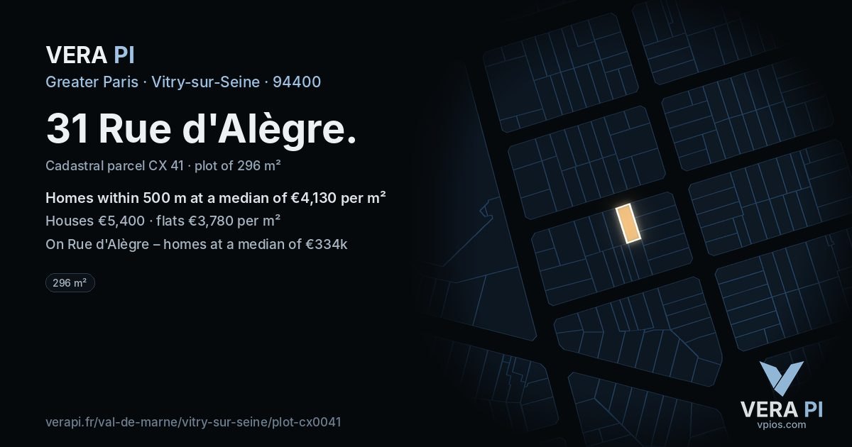 31 Rue d'Alègre, Vitry-sur-Seine at night – the plot lit, the parcels around coloured by the prices near them