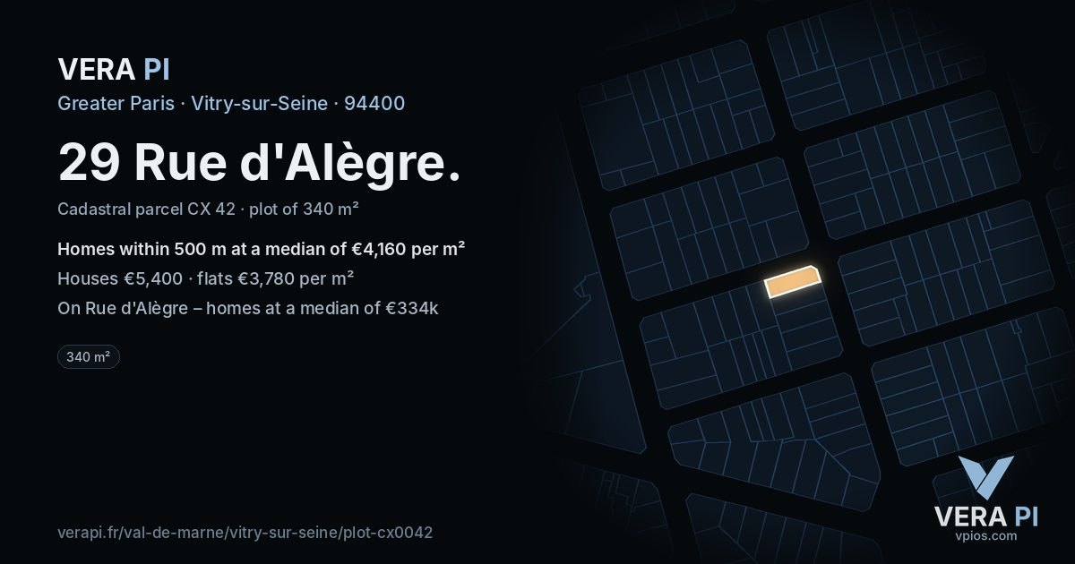 29 Rue d'Alègre, Vitry-sur-Seine at night – the plot lit, the parcels around coloured by the prices near them