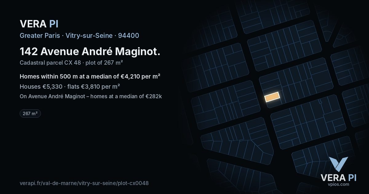 142 Avenue André Maginot, Vitry-sur-Seine at night – the plot lit, the parcels around coloured by the prices near them