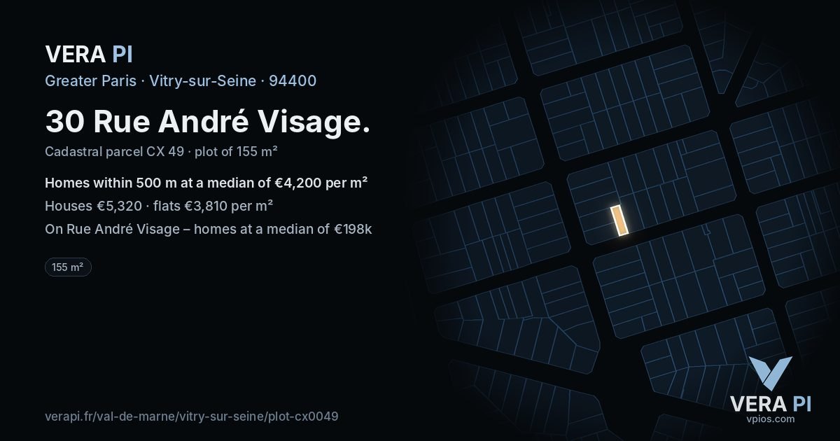 30 Rue André Visage, Vitry-sur-Seine at night – the plot lit, the parcels around coloured by the prices near them