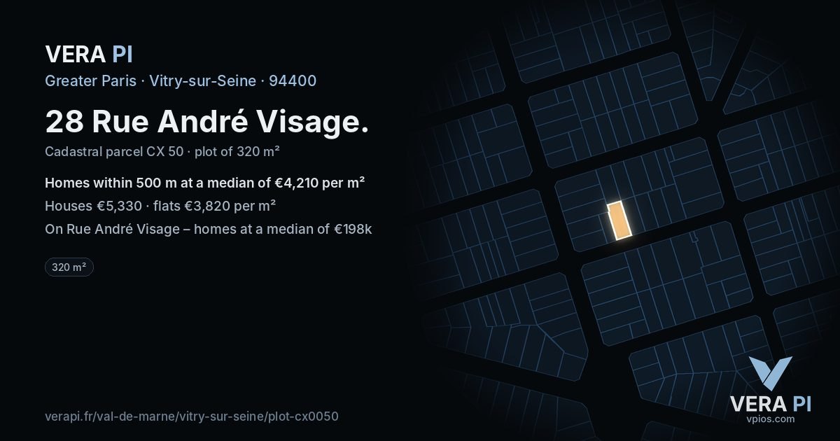 28 Rue André Visage, Vitry-sur-Seine at night – the plot lit, the parcels around coloured by the prices near them