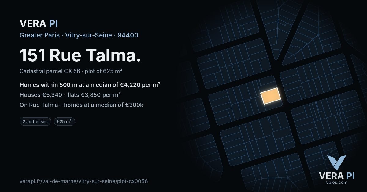 151 Rue Talma, Vitry-sur-Seine at night – the plot lit, the parcels around coloured by the prices near them