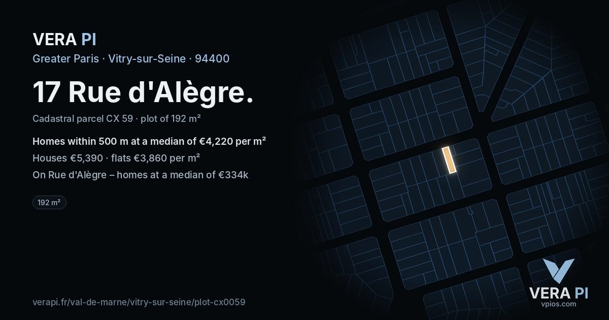 17 Rue d'Alègre, Vitry-sur-Seine at night – the plot lit, the parcels around coloured by the prices near them