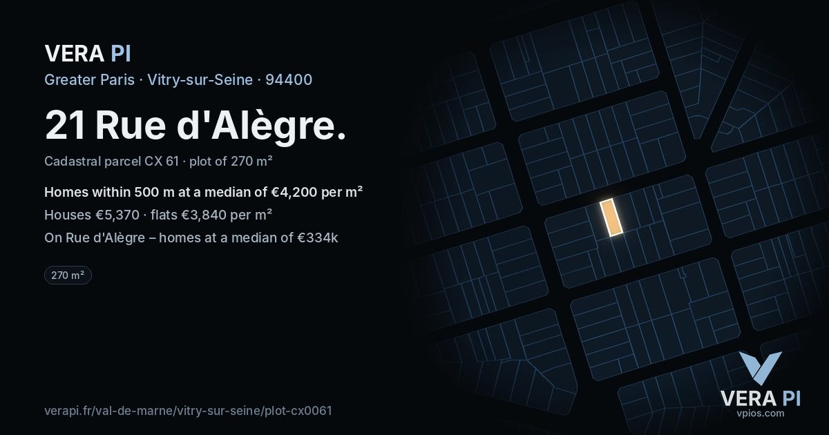 21 Rue d'Alègre, Vitry-sur-Seine at night – the plot lit, the parcels around coloured by the prices near them