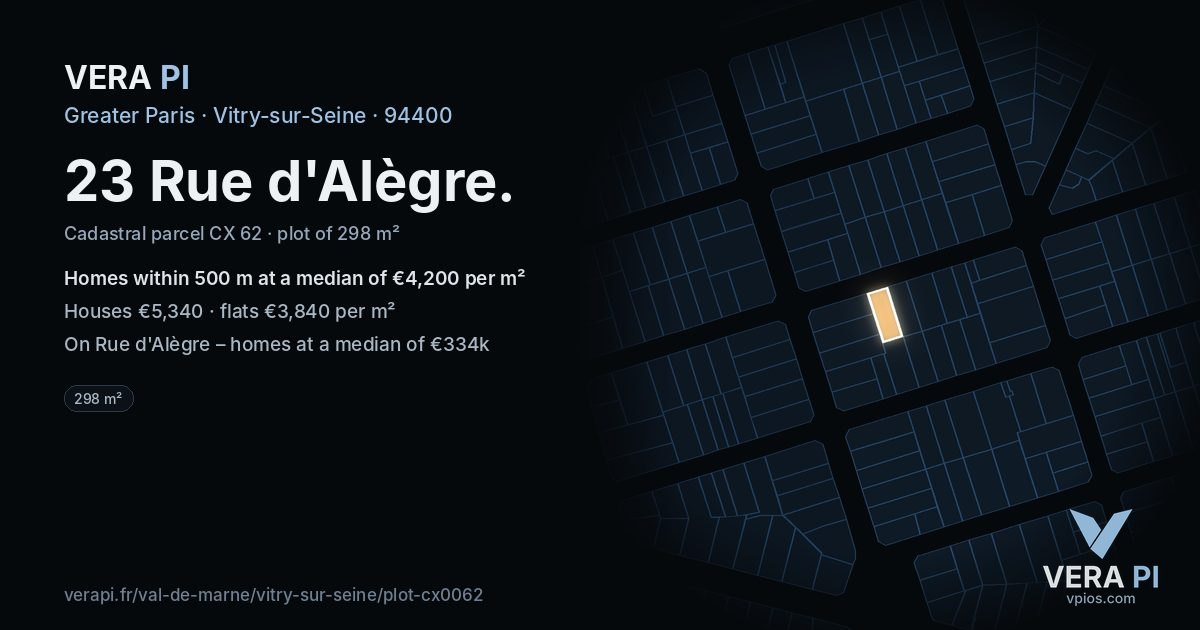 23 Rue d'Alègre, Vitry-sur-Seine at night – the plot lit, the parcels around coloured by the prices near them