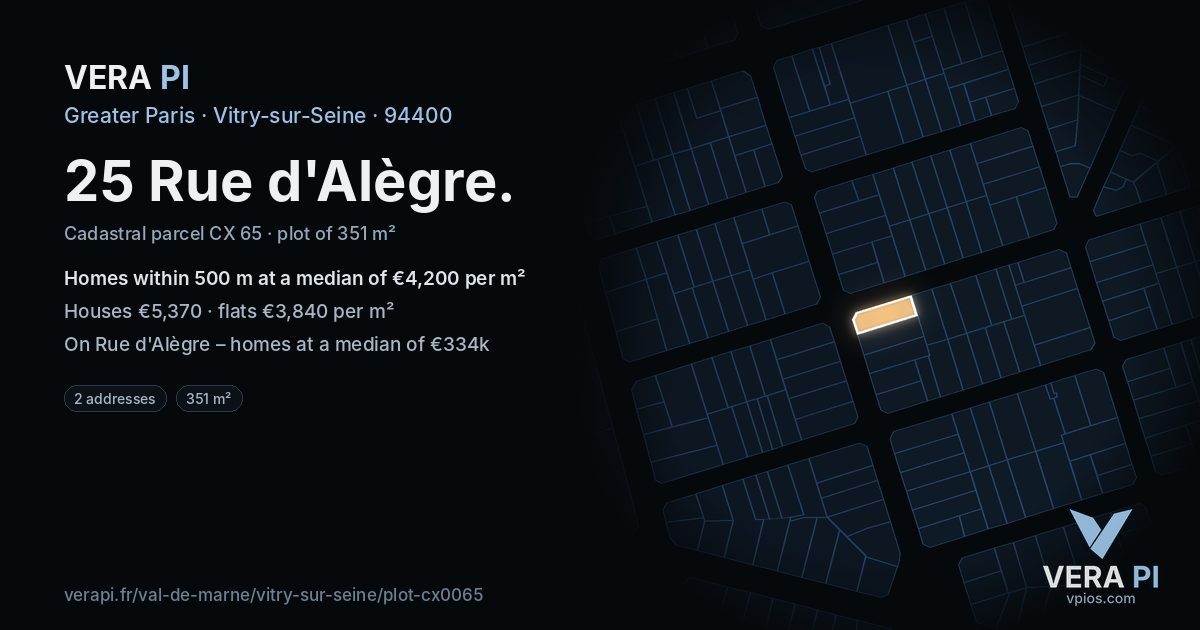 25 Rue d'Alègre, Vitry-sur-Seine at night – the plot lit, the parcels around coloured by the prices near them