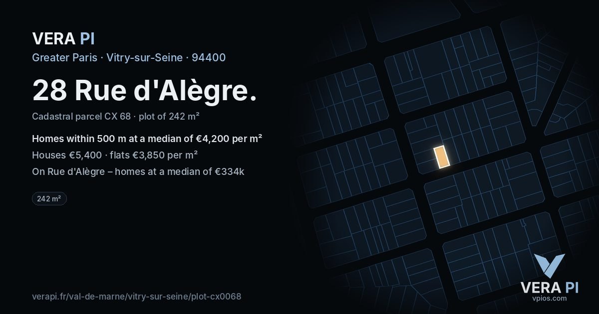 28 Rue d'Alègre, Vitry-sur-Seine at night – the plot lit, the parcels around coloured by the prices near them