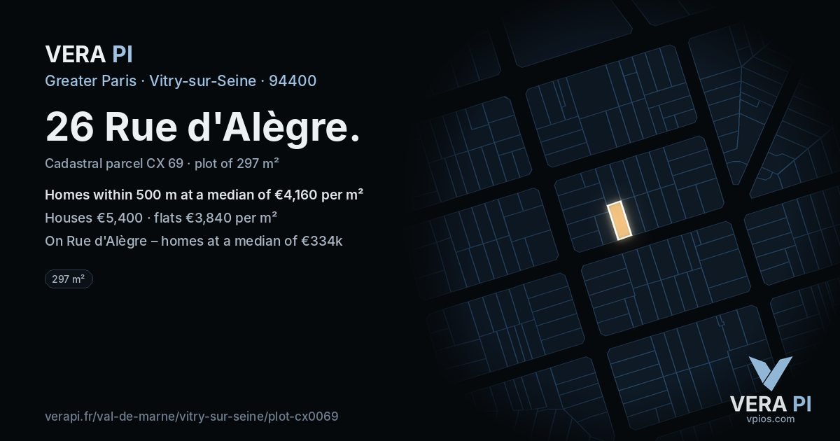 26 Rue d'Alègre, Vitry-sur-Seine at night – the plot lit, the parcels around coloured by the prices near them