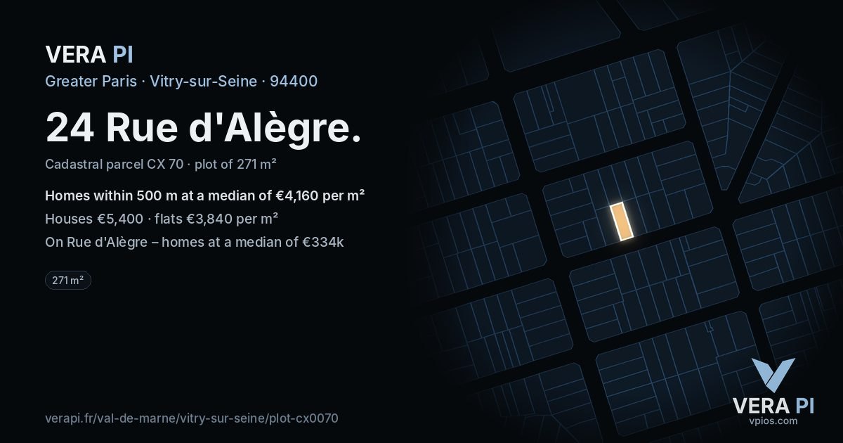 24 Rue d'Alègre, Vitry-sur-Seine at night – the plot lit, the parcels around coloured by the prices near them