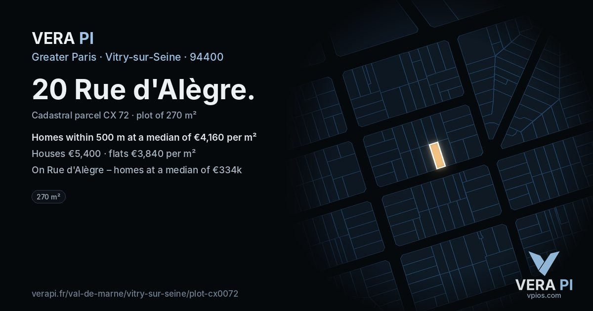 20 Rue d'Alègre, Vitry-sur-Seine at night – the plot lit, the parcels around coloured by the prices near them