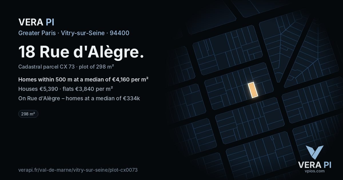 18 Rue d'Alègre, Vitry-sur-Seine at night – the plot lit, the parcels around coloured by the prices near them