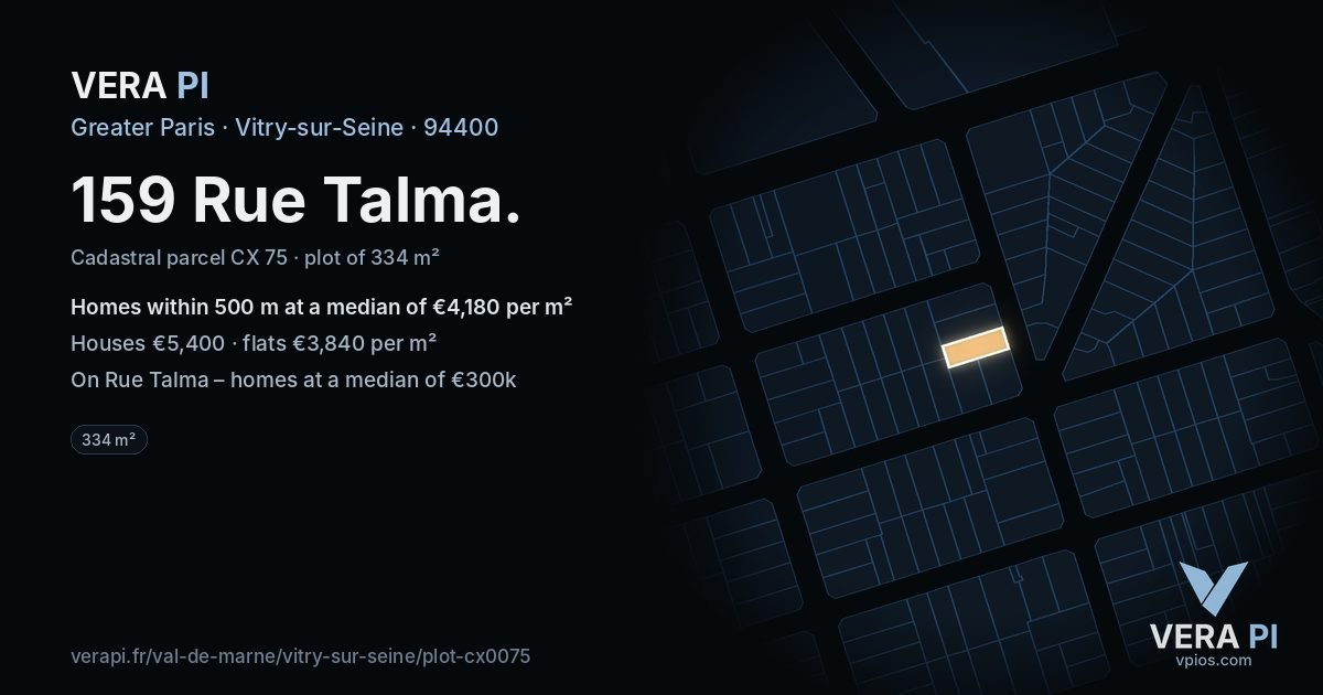 159 Rue Talma, Vitry-sur-Seine at night – the plot lit, the parcels around coloured by the prices near them