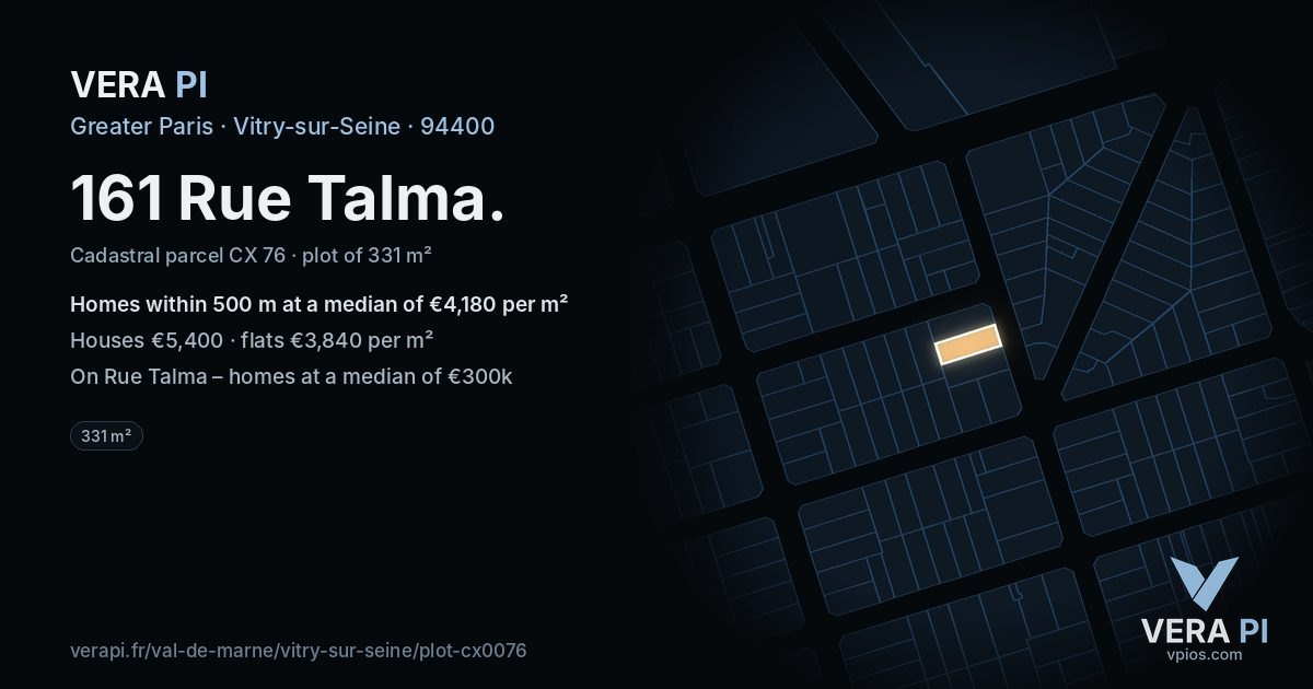 161 Rue Talma, Vitry-sur-Seine at night – the plot lit, the parcels around coloured by the prices near them