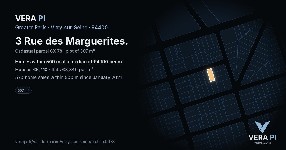 3 Rue des Marguerites, Vitry-sur-Seine at night – the plot lit, the parcels around coloured by the prices near them