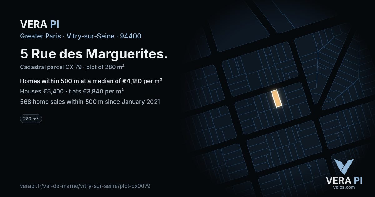 5 Rue des Marguerites, Vitry-sur-Seine at night – the plot lit, the parcels around coloured by the prices near them