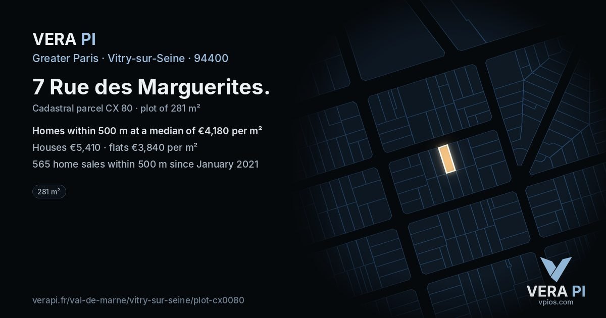 7 Rue des Marguerites, Vitry-sur-Seine at night – the plot lit, the parcels around coloured by the prices near them