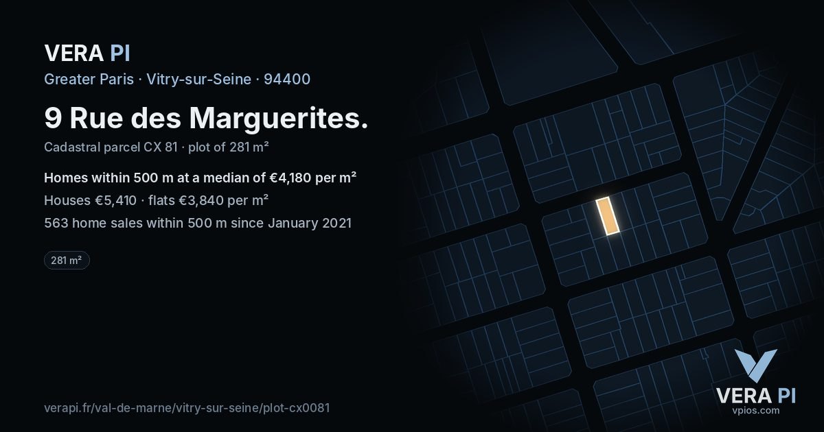9 Rue des Marguerites, Vitry-sur-Seine at night – the plot lit, the parcels around coloured by the prices near them