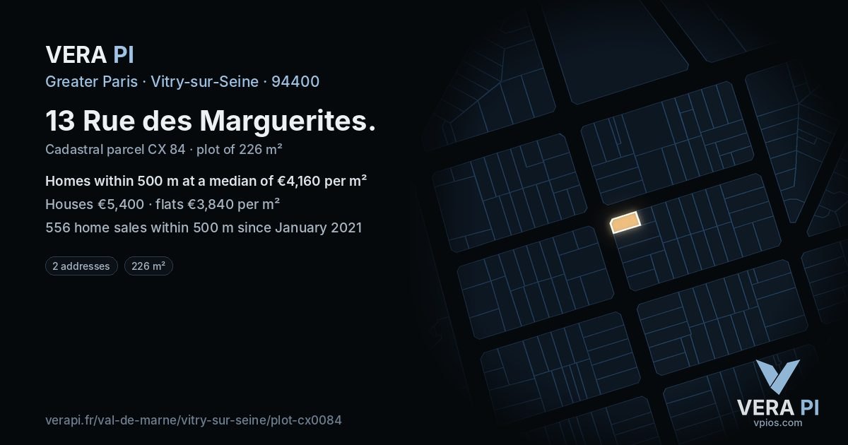 13 Rue des Marguerites, Vitry-sur-Seine at night – the plot lit, the parcels around coloured by the prices near them