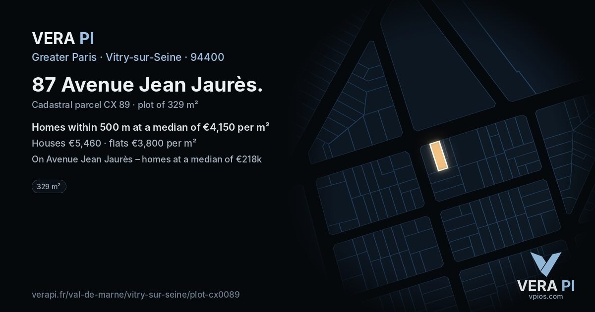 87 Avenue Jean Jaurès, Vitry-sur-Seine at night – the plot lit, the parcels around coloured by the prices near them
