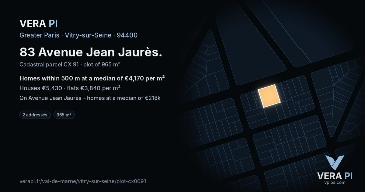 83 Avenue Jean Jaurès, Vitry-sur-Seine at night – the plot lit, the parcels around coloured by the prices near them
