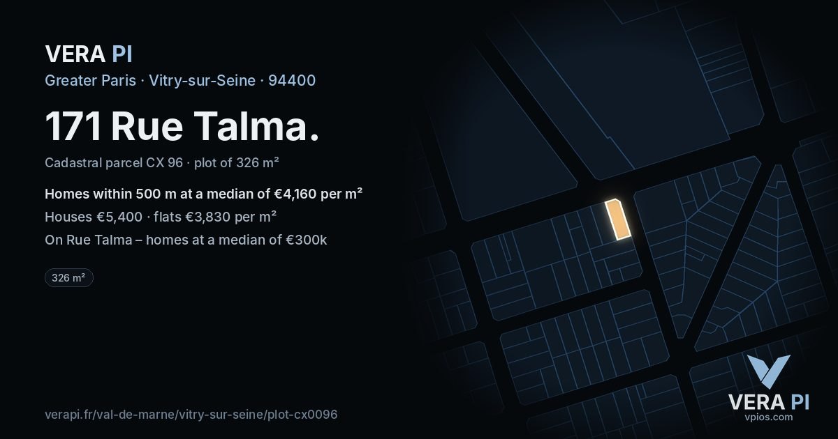 171 Rue Talma, Vitry-sur-Seine at night – the plot lit, the parcels around coloured by the prices near them