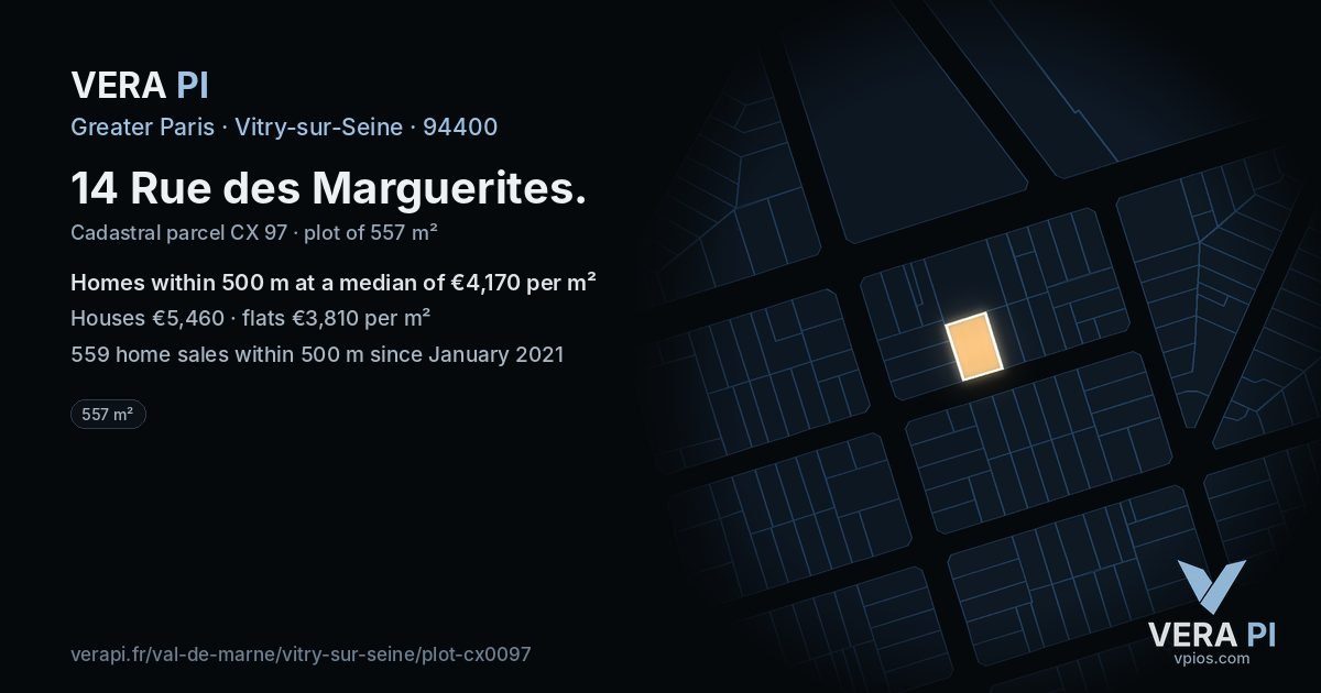 14 Rue des Marguerites, Vitry-sur-Seine at night – the plot lit, the parcels around coloured by the prices near them