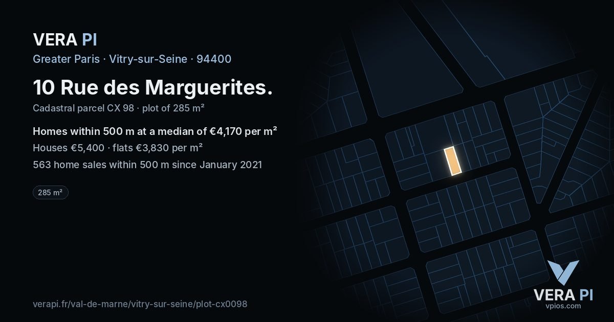 10 Rue des Marguerites, Vitry-sur-Seine at night – the plot lit, the parcels around coloured by the prices near them