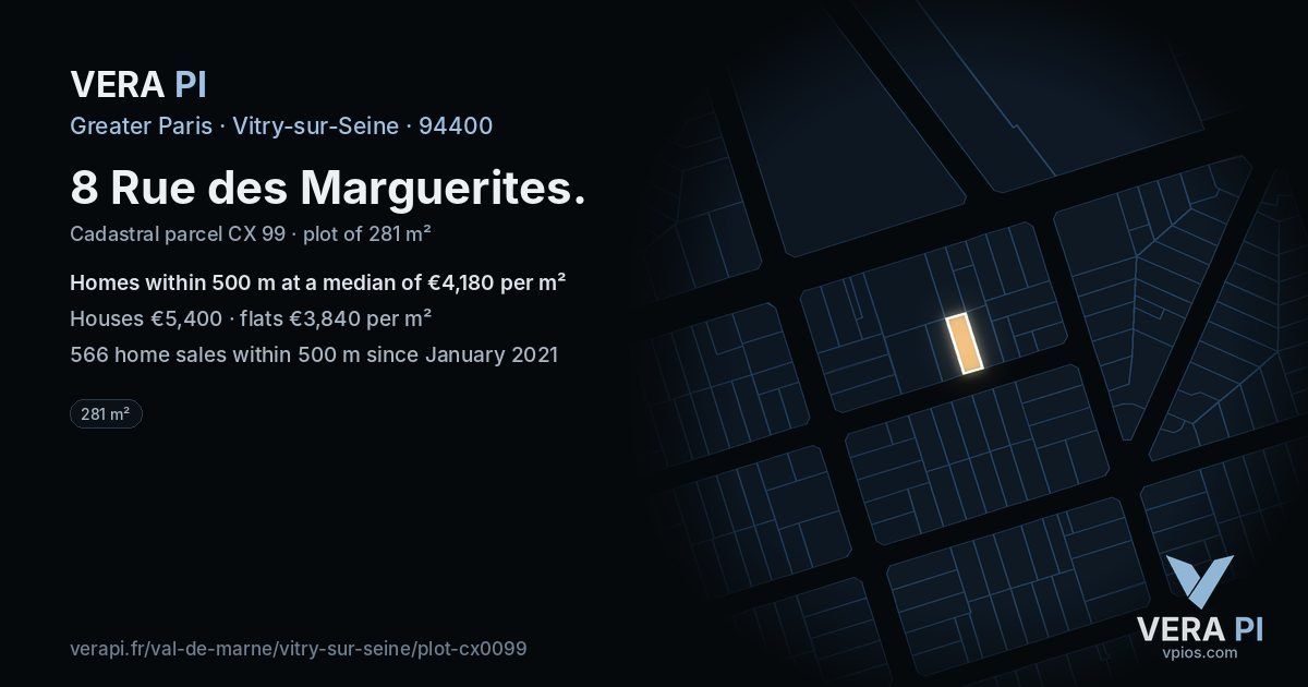 8 Rue des Marguerites, Vitry-sur-Seine at night – the plot lit, the parcels around coloured by the prices near them
