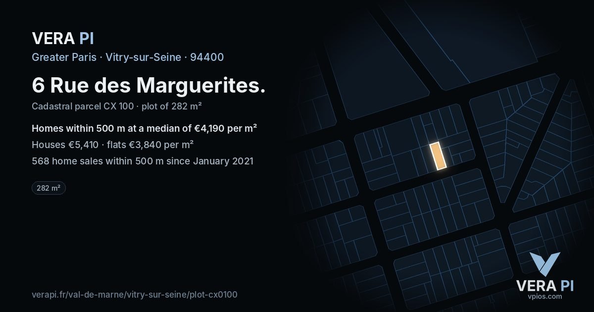 6 Rue des Marguerites, Vitry-sur-Seine at night – the plot lit, the parcels around coloured by the prices near them