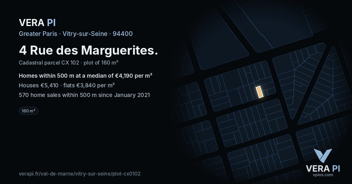 4 Rue des Marguerites, Vitry-sur-Seine at night – the plot lit, the parcels around coloured by the prices near them