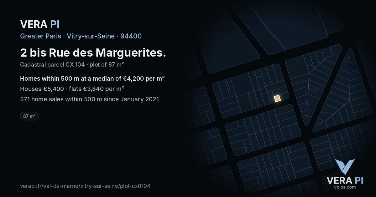 2 bis Rue des Marguerites, Vitry-sur-Seine at night – the plot lit, the parcels around coloured by the prices near them