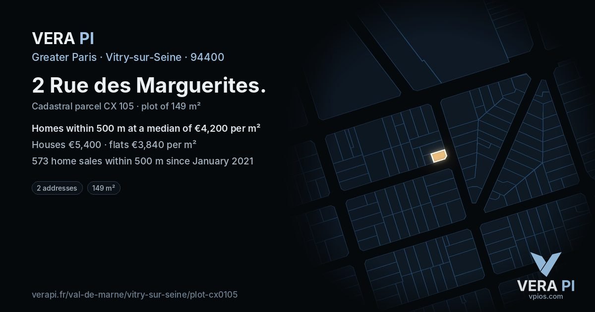2 Rue des Marguerites, Vitry-sur-Seine at night – the plot lit, the parcels around coloured by the prices near them
