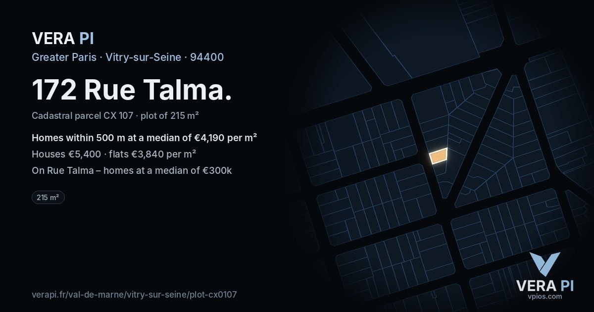 172 Rue Talma, Vitry-sur-Seine at night – the plot lit, the parcels around coloured by the prices near them