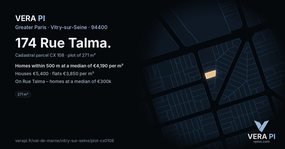 174 Rue Talma, Vitry-sur-Seine at night – the plot lit, the parcels around coloured by the prices near them
