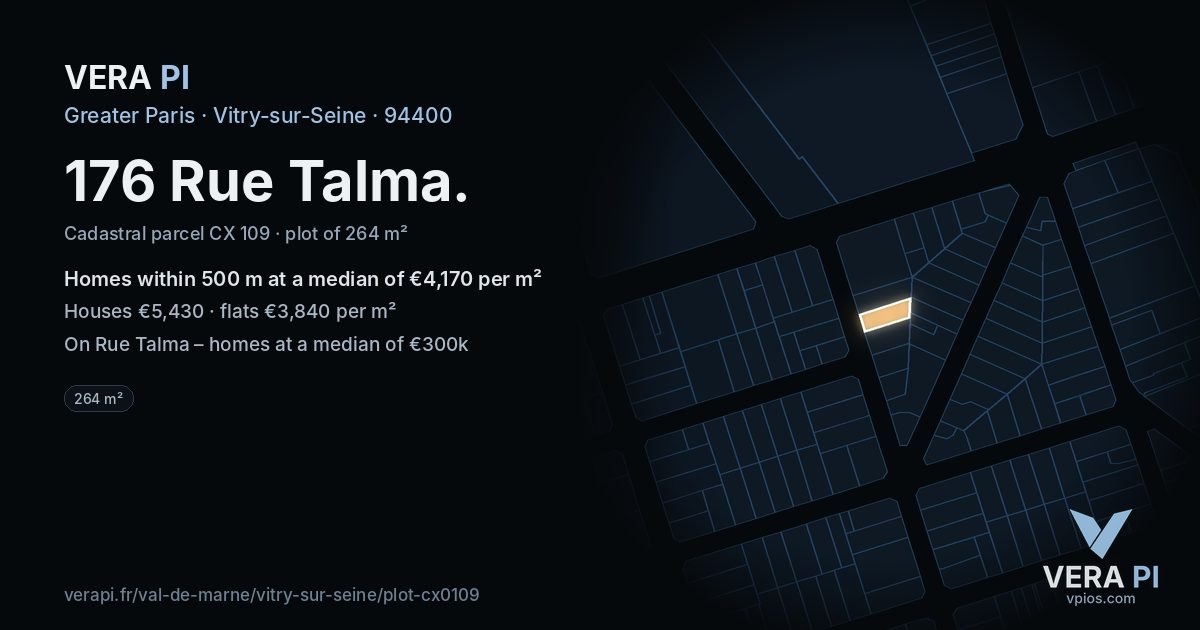 176 Rue Talma, Vitry-sur-Seine at night – the plot lit, the parcels around coloured by the prices near them