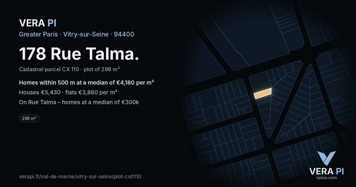 178 Rue Talma, Vitry-sur-Seine at night – the plot lit, the parcels around coloured by the prices near them