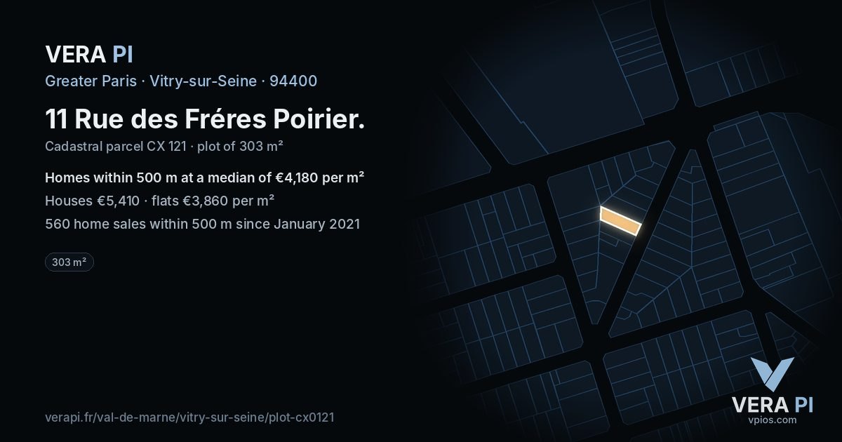 11 Rue des Fréres Poirier, Vitry-sur-Seine at night – the plot lit, the parcels around coloured by the prices near them