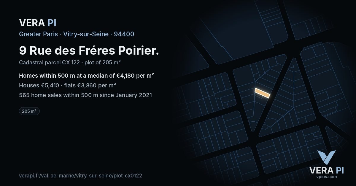 9 Rue des Fréres Poirier, Vitry-sur-Seine at night – the plot lit, the parcels around coloured by the prices near them