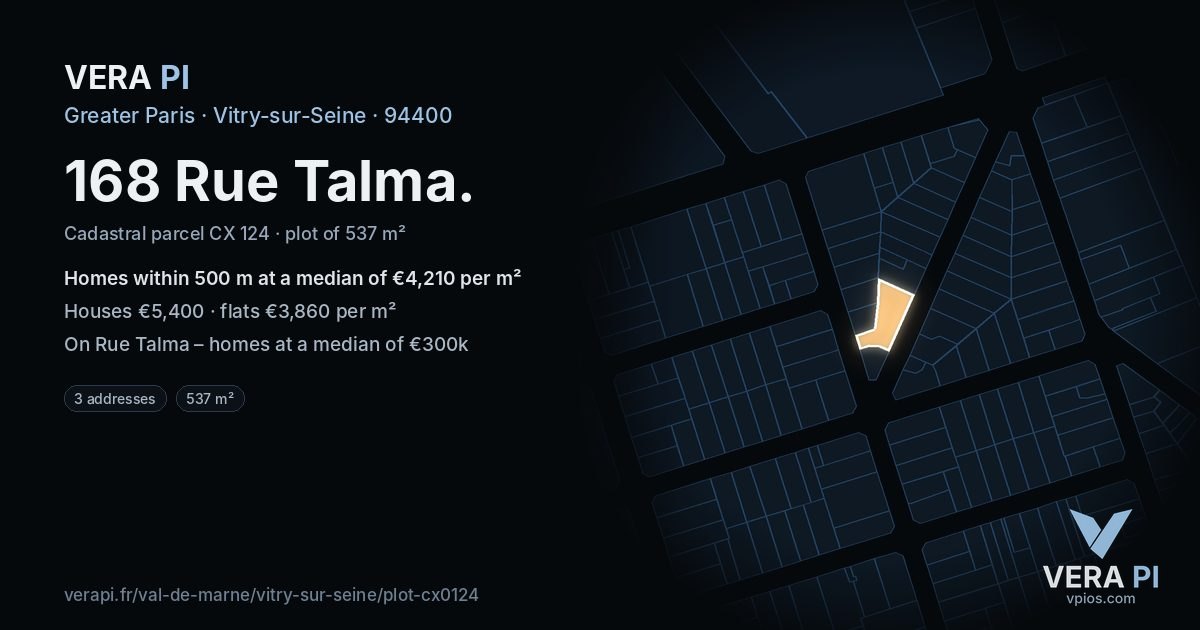168 Rue Talma, Vitry-sur-Seine at night – the plot lit, the parcels around coloured by the prices near them