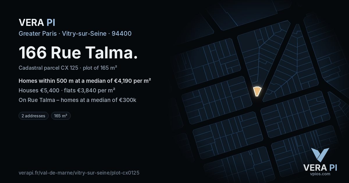 166 Rue Talma, Vitry-sur-Seine at night – the plot lit, the parcels around coloured by the prices near them