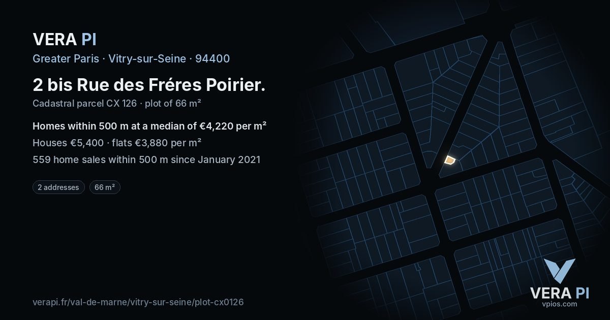2 bis Rue des Fréres Poirier, Vitry-sur-Seine at night – the plot lit, the parcels around coloured by the prices near them
