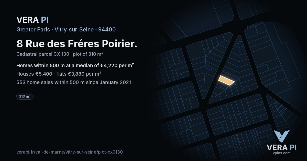 8 Rue des Fréres Poirier, Vitry-sur-Seine at night – the plot lit, the parcels around coloured by the prices near them