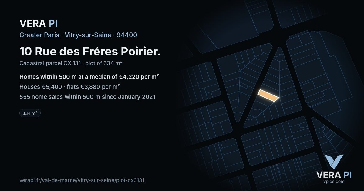 10 Rue des Fréres Poirier, Vitry-sur-Seine at night – the plot lit, the parcels around coloured by the prices near them